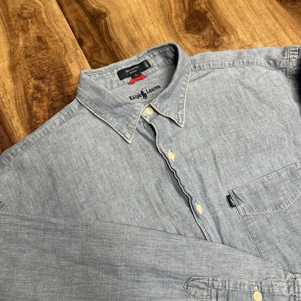 Polo Ralph Lauren Chambray Denim Button Down Shirt Mens L Long Sleeve Pocket